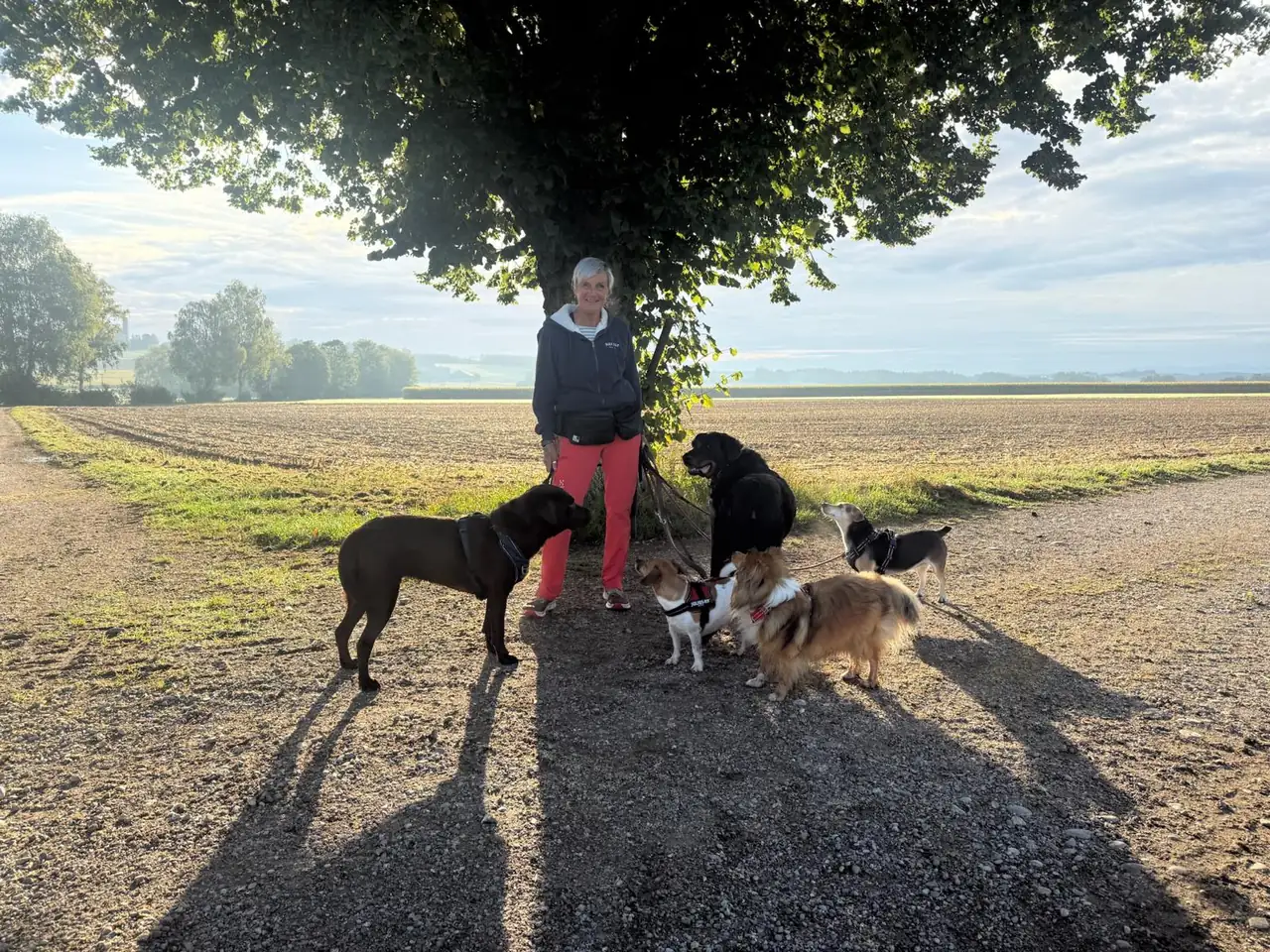 Katrin Bauer steht mit ihrer Gassigruppe unter einem Baum am Feldweg im Landkreis Ebersberg